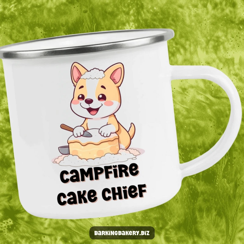 Funny camping mug showing a happy dog covered in flour, proudly holding a lopsided cake, perfect for outdoor fun.