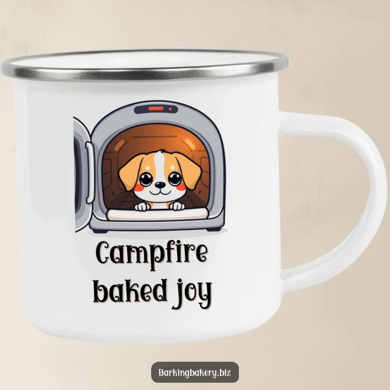 Funny camping mug showing a dog peeking with eager eyes into a warm oven, waiting for treats.