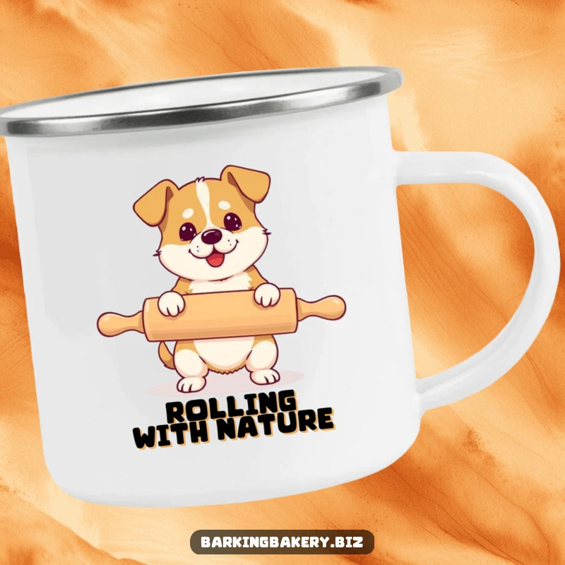 Funny camping mug showing a dog hilariously using a rolling pin much larger than its body, ready for adventure.