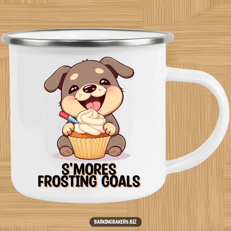 Funny dog camping mug showing a gleeful dog frosting a cupcake, ready for outdoor dessert enjoyment.