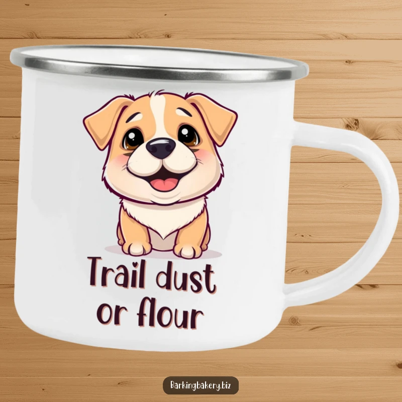 Funny Camping Mug: Dog with flour on his nose wiggles happily, ready for outdoor fun and smiles.