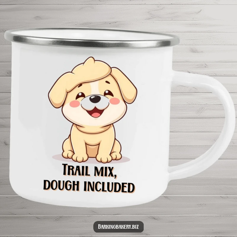 Funny camping mug showing an ecstatic dog completely covered in dough, wiggling with pure happiness.