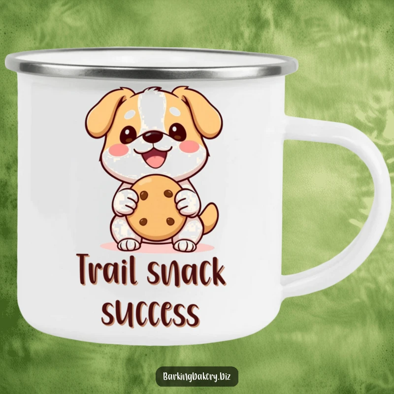 Funny Kawaii Dog Camping Mug: A happy, smiling kawaii dog holds a cookie, perfect for outdoor enjoyment and sweet sips.