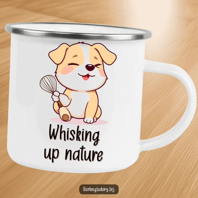 Funny dog holding a whisk winks playfully, perfect for a durable and funny camping mug.