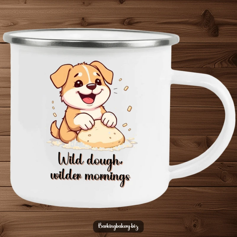 Funny dog camping mug showing a dog enthusiastically kneading dough, with flour comically flying everywhere.