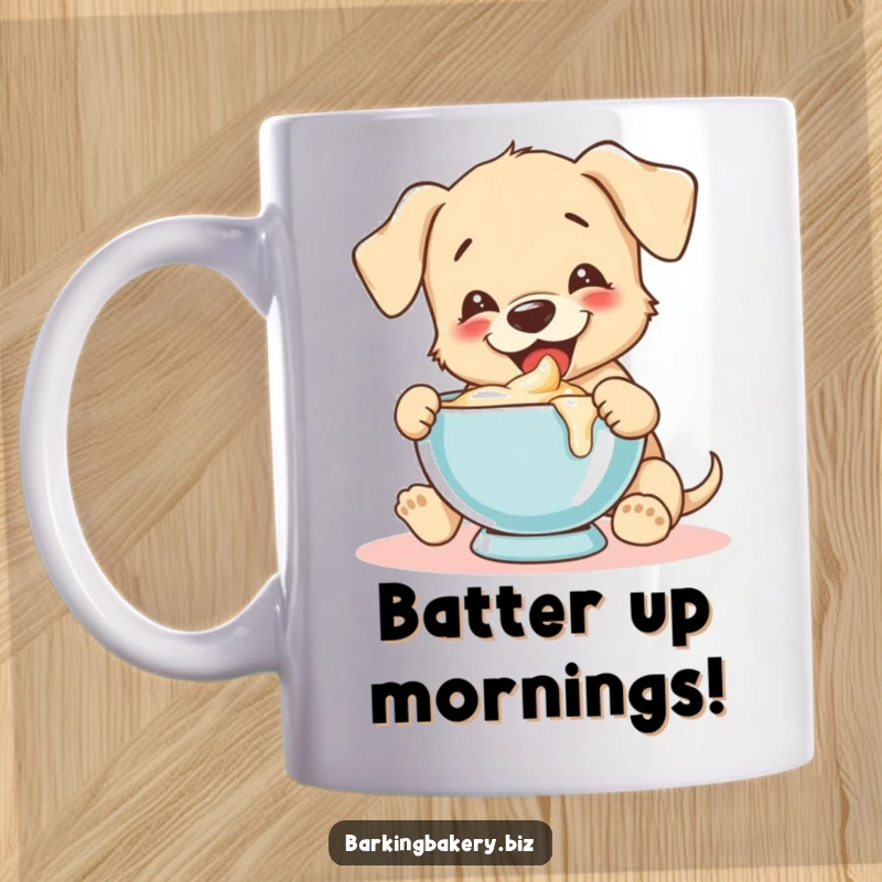 Funny puppy joyfully tastes batter from a mixing bowl, perfect for a baking-themed funny mug.