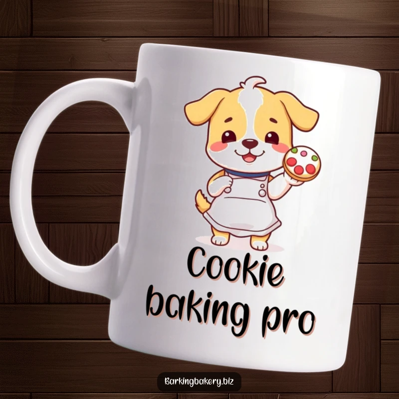Funny dog in an apron proudly displays a beautifully decorated cookie, perfect for a baking-themed funny mug.