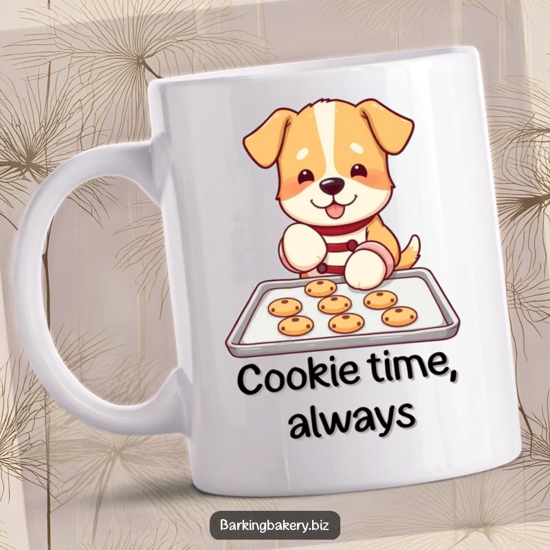 Funny dog mug showing a dog wearing oven mitts, carefully arranging cookies on a baking sheet, a master baker at work.