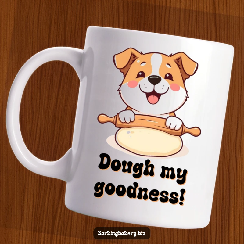 Funny Dog Baker Mug: A happy dog joyfully uses a rolling pin on a puffed dough, celebrating baking.