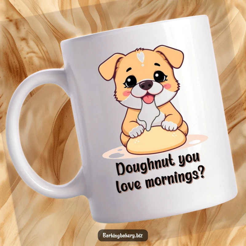Funny dog mug with a small, happy dog covered in flour, enthusiastically kneading dough, ready to bake a delicious treat.