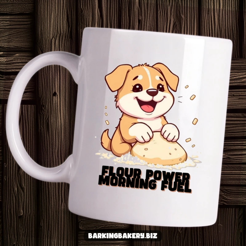 Funny dog mug showing a dog enthusiastically kneading dough, with flour flying everywhere in a delightful mess.
