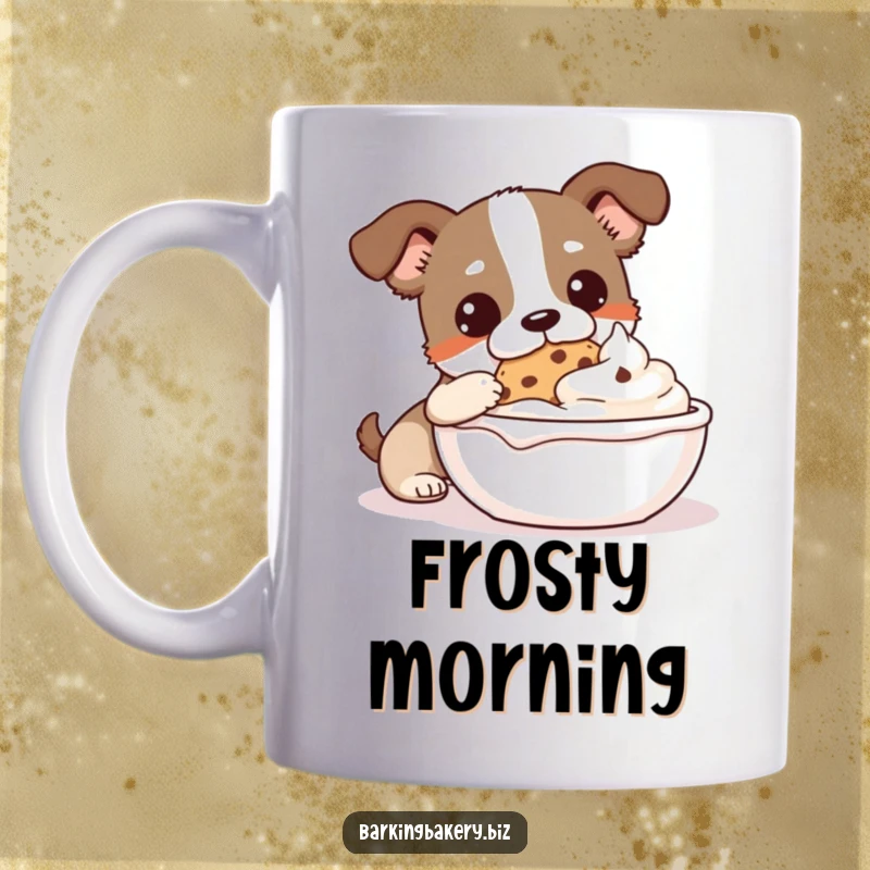 Funny Cookie Monster Dog Mug: A happy dog enthusiastically dips a cookie into a giant bowl of creamy frosting.