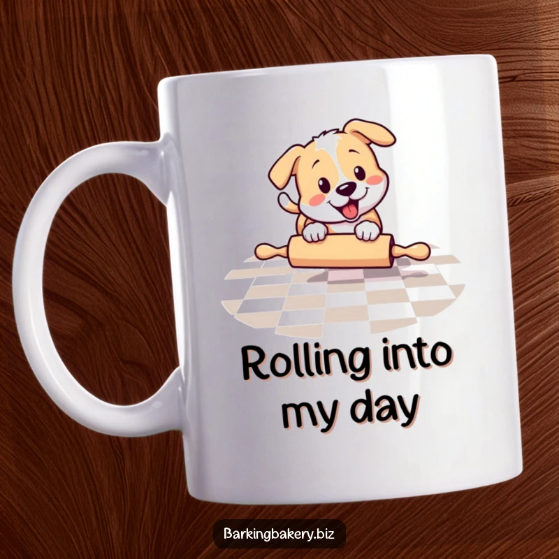 Funny dog playfully chasing a rolling pin across a checkered floor, perfect funny gift for energetic pups and owners.