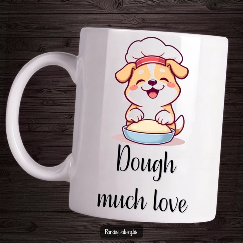 Funny mug showing a happy dog wearing a chef hat, joyfully kneading dough with its paws, a true culinary canine.