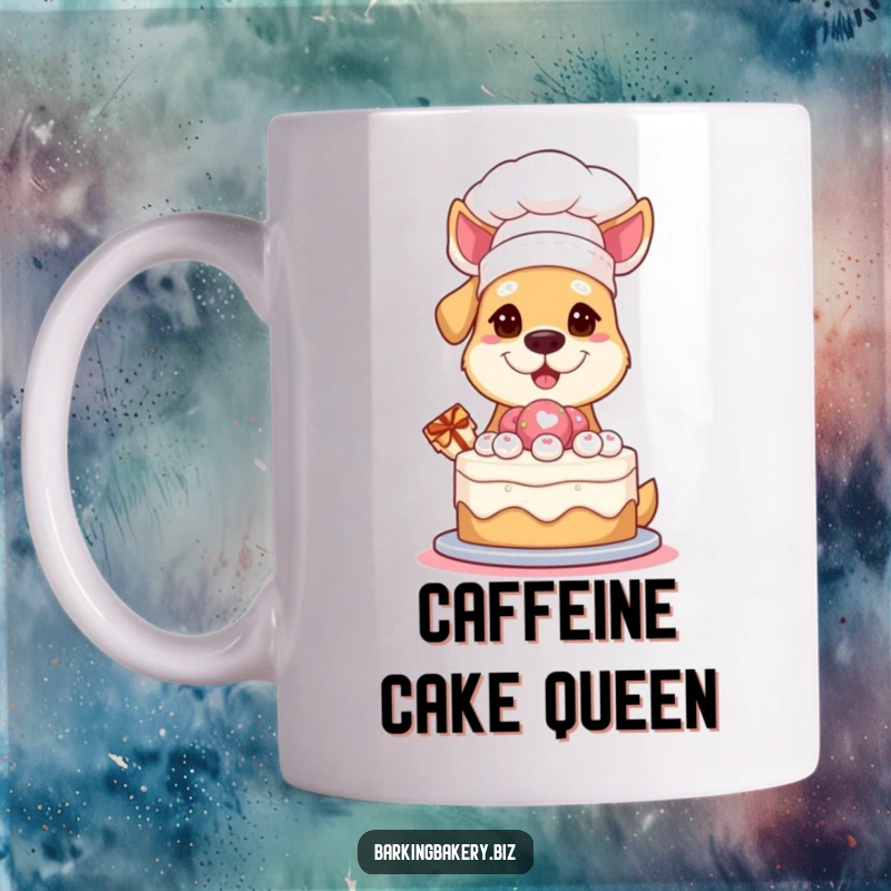 Funny Mug: A dog wearing a chef hat proudly presents a delicious cake, embodying culinary success and adorable pride.