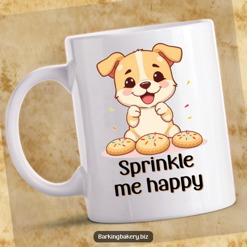 Funny mug with a happy dog enthusiastically decorating cookies with colorful sprinkles, a treat for bakers and dog lovers.