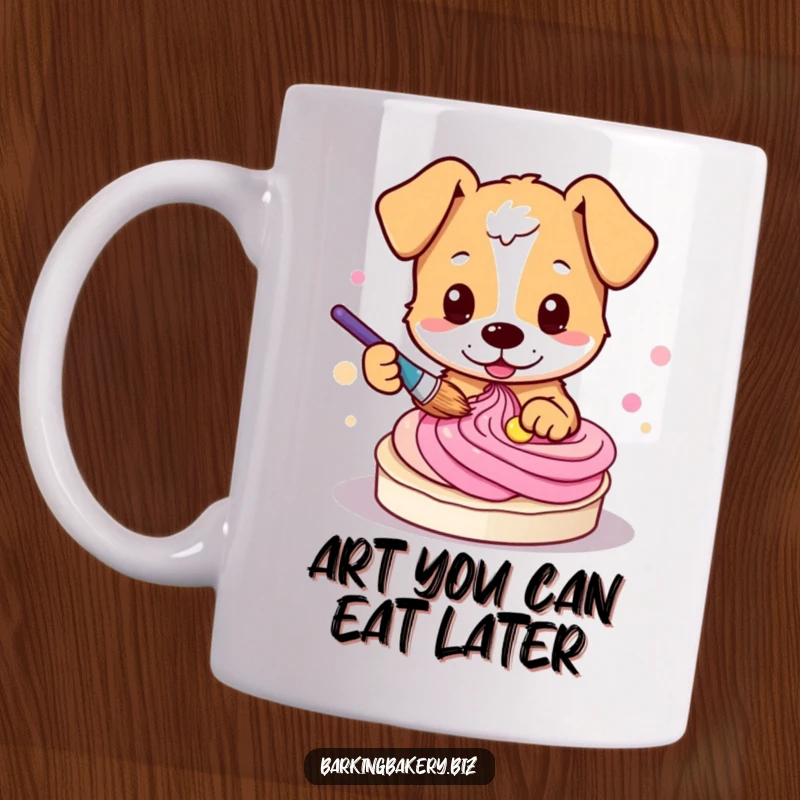 Funny dog mug with a cute pup artistically dipping a paintbrush into colorful frosting, swirling a sweet creation.
