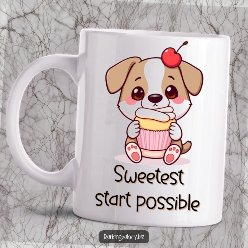 Funny dog mug art of a proud dog presenting a delicious cupcake with a cherry on top, looking delighted.