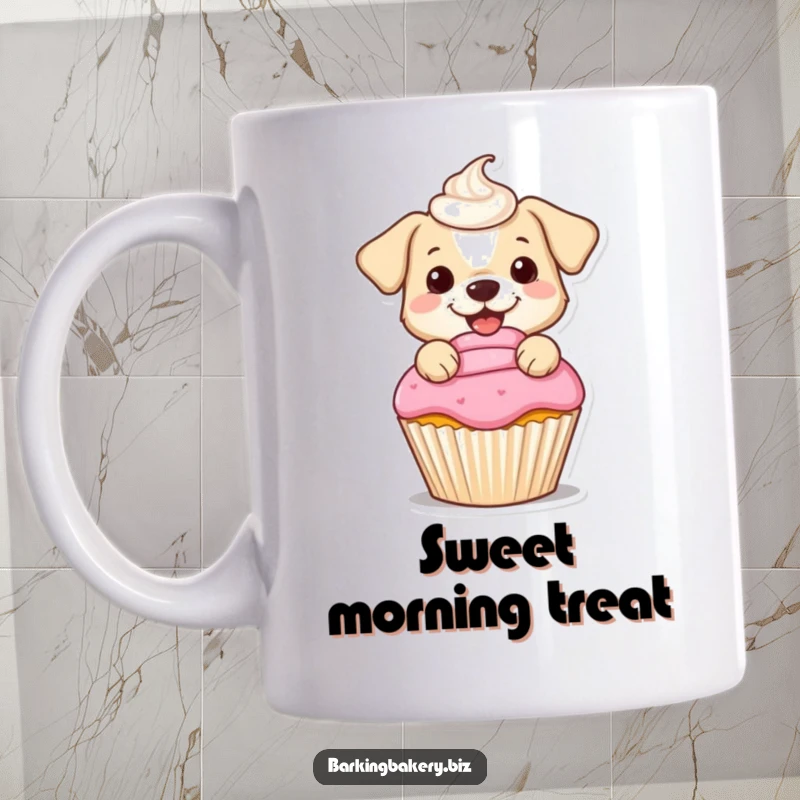 Funny mug featuring a small, cheerful dog happily frosting a cupcake with a perfect swirl of frosting, embodying culinary delight.