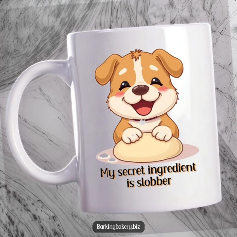 Funny Dog Mug: A cute dog with a flour-dusted nose happily kneading dough, capturing baking joy. Perfect gift.