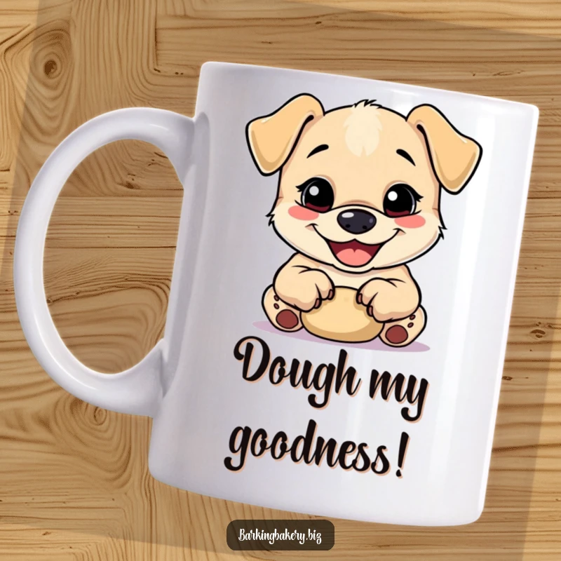Funny pup with a happy grin kneads dough with its tiny paws, perfect for a baking-themed funny mug.