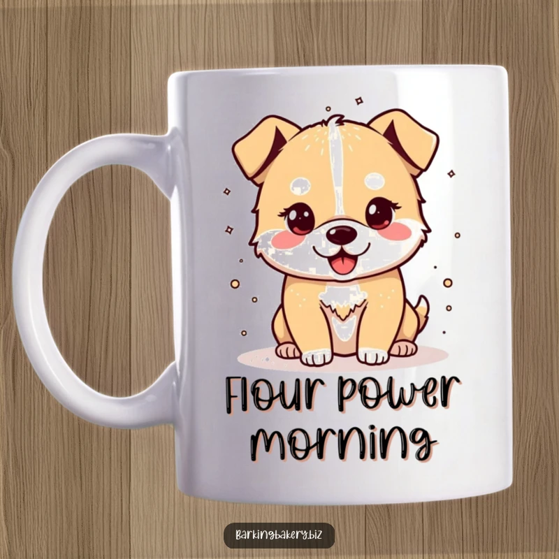 Funny mug featuring a cheerful dog happily sprinkling flour, capturing the joy of baking preparation.