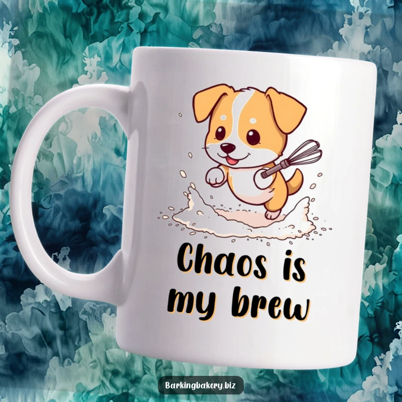 Funny dog mug, a happy dog covered in flour chases a dancing whisk, depicting baking chaos with humor.
