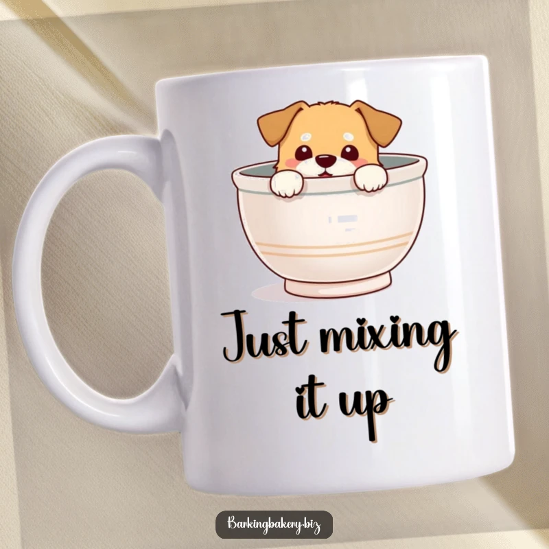 Funny Mug: Adorable dog peeks out from a giant mixing bowl, looking utterly delighted and ready for fun.