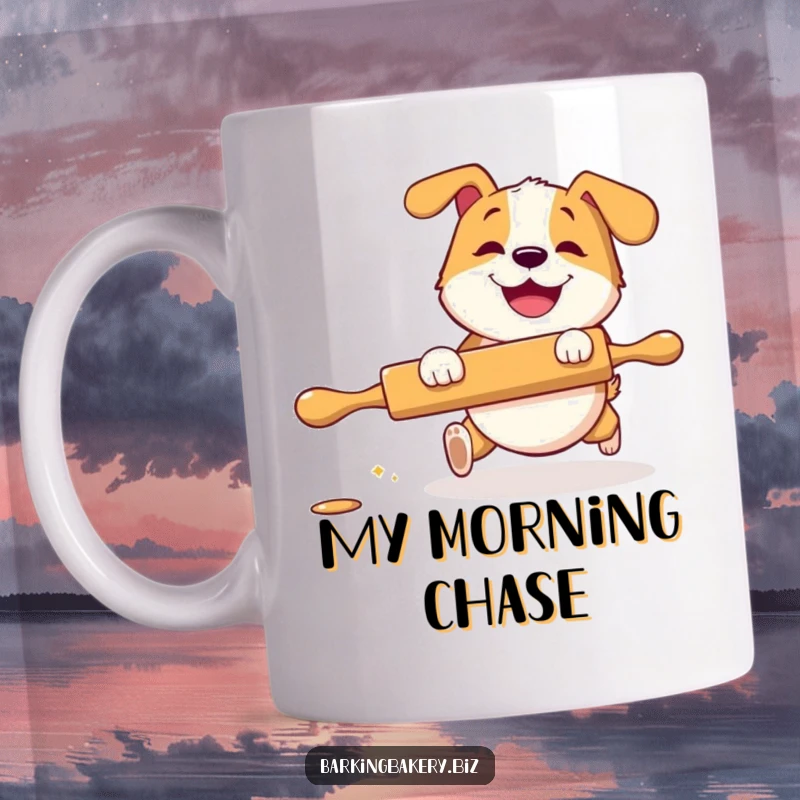 Funny Mug: A happy dog with a wide grin playfully chases a rolling pin, embodying baking mischief and pure fun.