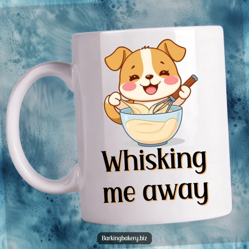 Funny dog with wide smile enthusiastically whisking batter in a bowl, perfect funny gift for bakers and dog lovers.