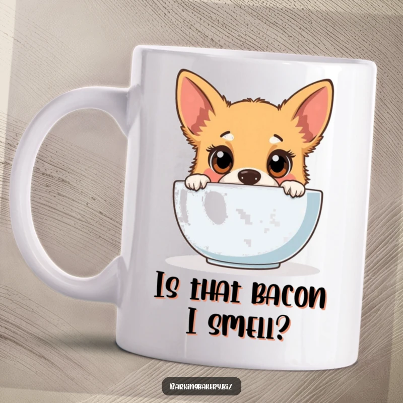 Funny dog mug showing a curious puppy with big eyes peering into a baking mixing bowl, anticipating tasty treats.