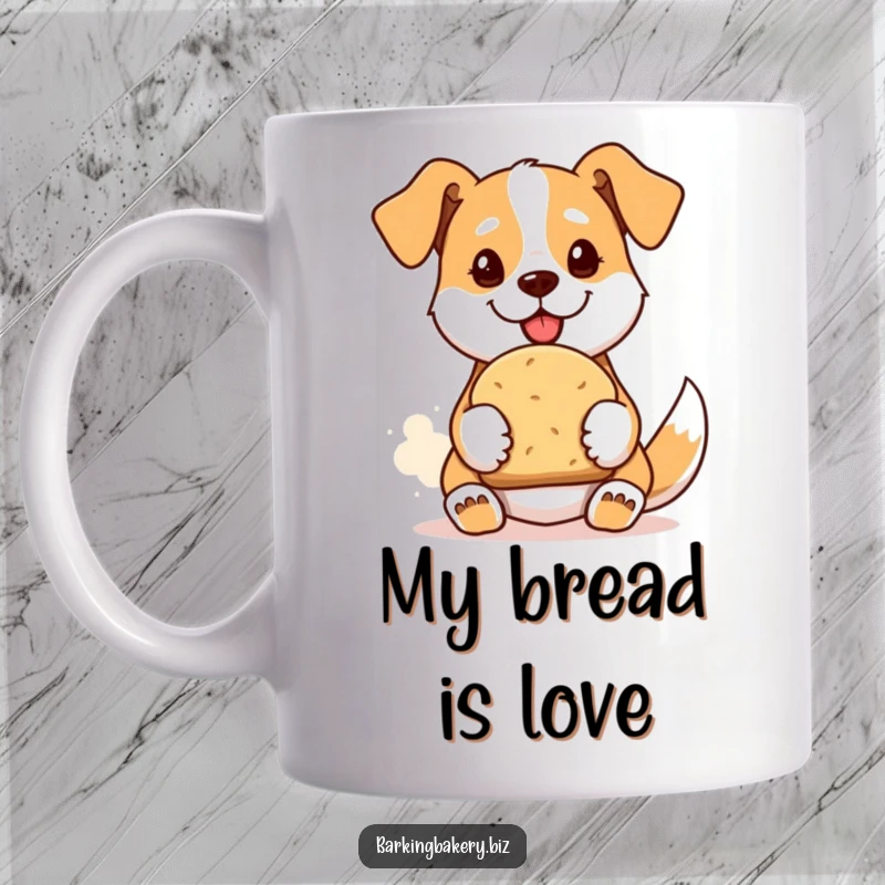 Funny mug depicting a proud dog presenting a freshly baked loaf of bread, celebrating homemade goodness.