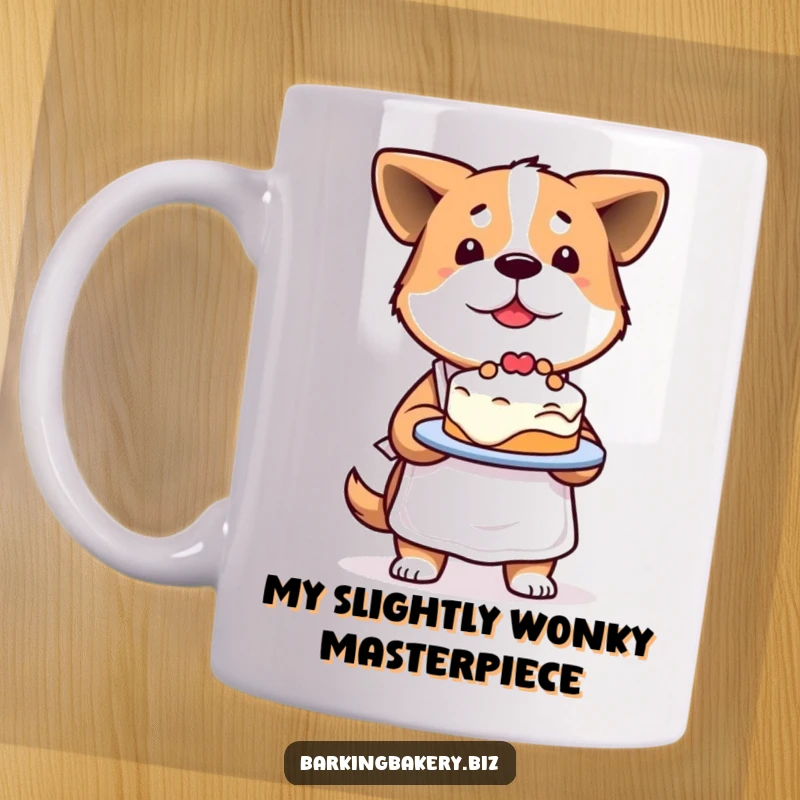 Funny Determined Dog Mug: A determined dog in an apron proudly presents a slightly lopsided cake, showcasing baking pride.