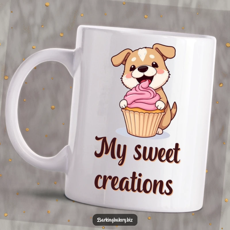 Funny dog mug with a happy dog gleefully frosting a lopsided cupcake with a bright pink swirl, perfect for bakers.