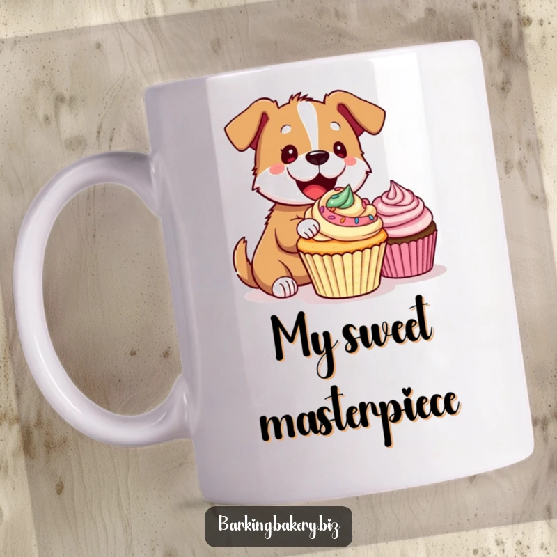 Funny Mug: Adorable dog gleefully smears colorful frosting on a cupcake, showcasing pure baking excitement and delight.