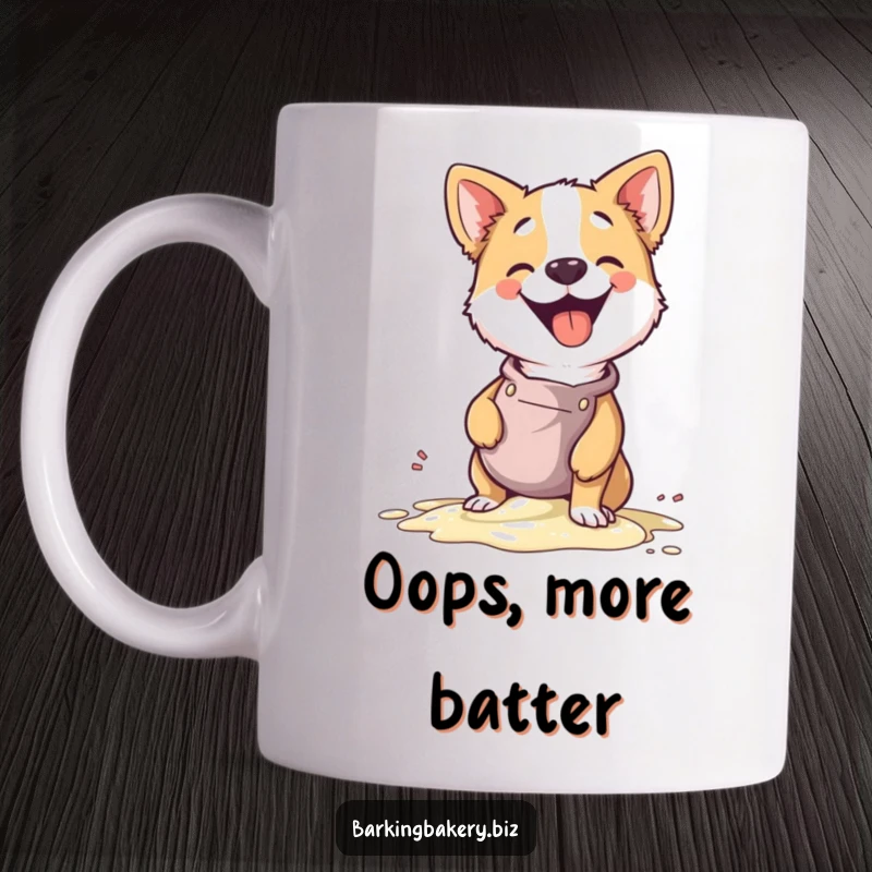 Funny dog wearing an apron spills batter with a joyful giggle, a cute and humorous baking mishap on this mug.