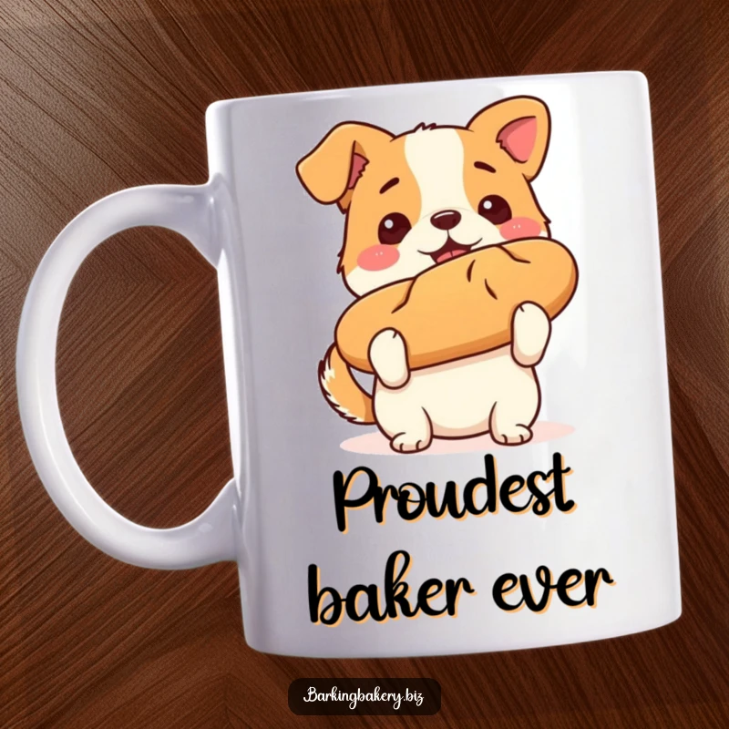 Funny dog mug showing a proud puppy holding a perfectly baked loaf of bread, celebrating its baking triumph.