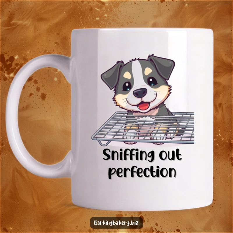 Funny Curious Dog Mug: A dog with a flour smudge on its nose joyfully sniffs a cooling rack, depicting playful bakery antics.