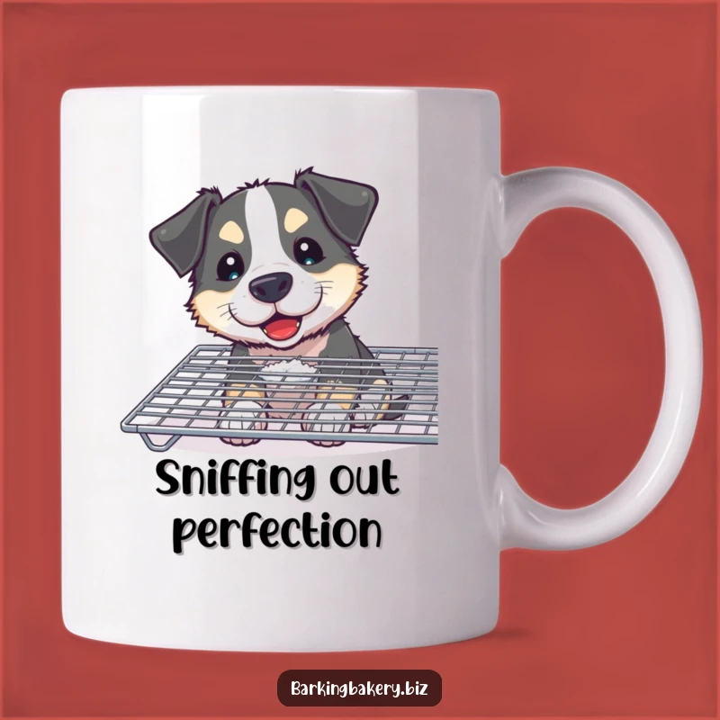 Funny Curious Dog Baker Mug: Flour-Smudged Pup Sniffing Cooling Rack, Hilarious Funny Gift