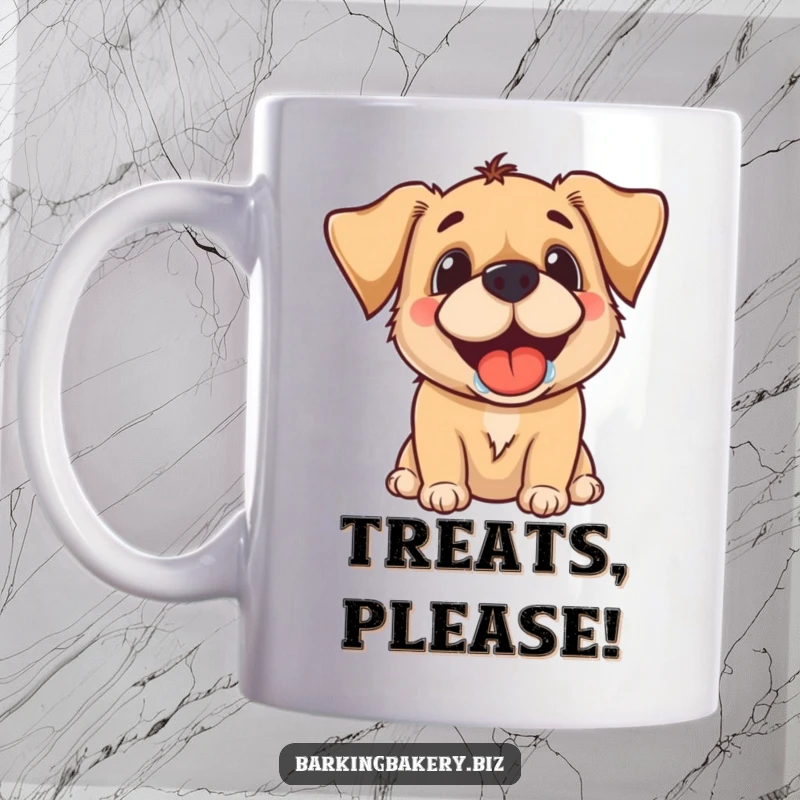 Funny dog with a drooling grin, eyes wide with anticipation for a tasty treat, on a humorous mug.