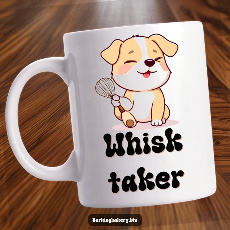 Funny dog holding a whisk in its paw winks playfully, perfect for a whimsical kitchen funny mug.
