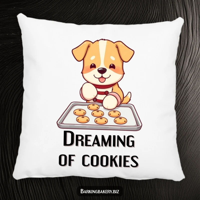 Funny dog pillow showing a dog wearing oven mitts, diligently placing cookies on a baking sheet, soft and huggable.