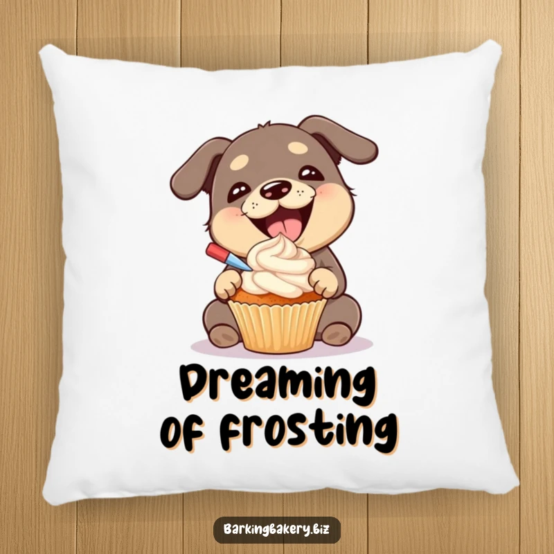Funny dog pillow showing a gleeful dog with a huge smile, proudly frosting a cupcake, soft and huggable.