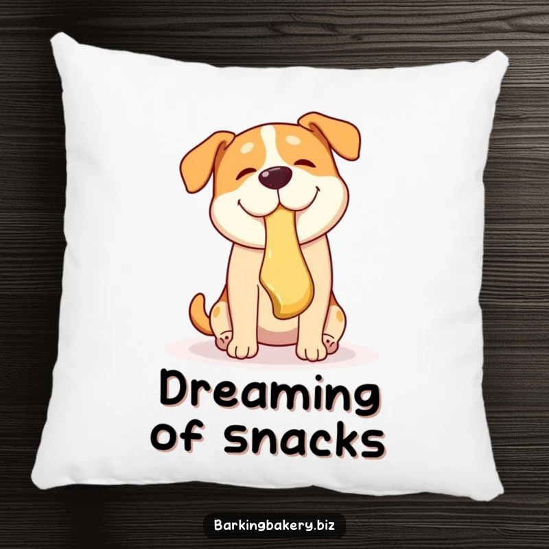Funny dog pillow with a dog playfully catching a falling pastry in its mouth, showcasing pure, unadulterated joy.