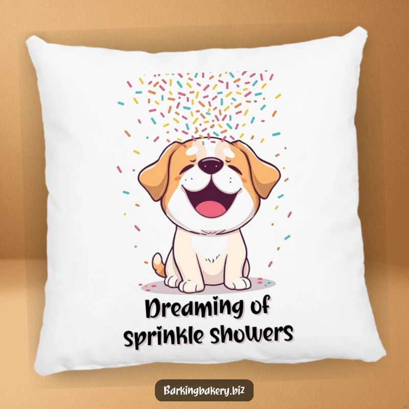 Funny dog pillow showcasing a cute, giggling dog head buried under a delightful, messy cascade of colorful sprinkles.