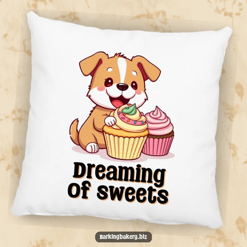 Funny Pillow: A dog gleefully adorns a cupcake with frosting, symbolizing pure, messy, baking joy and comfort.