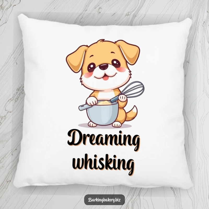 Funny decorative pillow showing a dog holding a whisk, ready to mix, adding a touch of humor to home decor.
