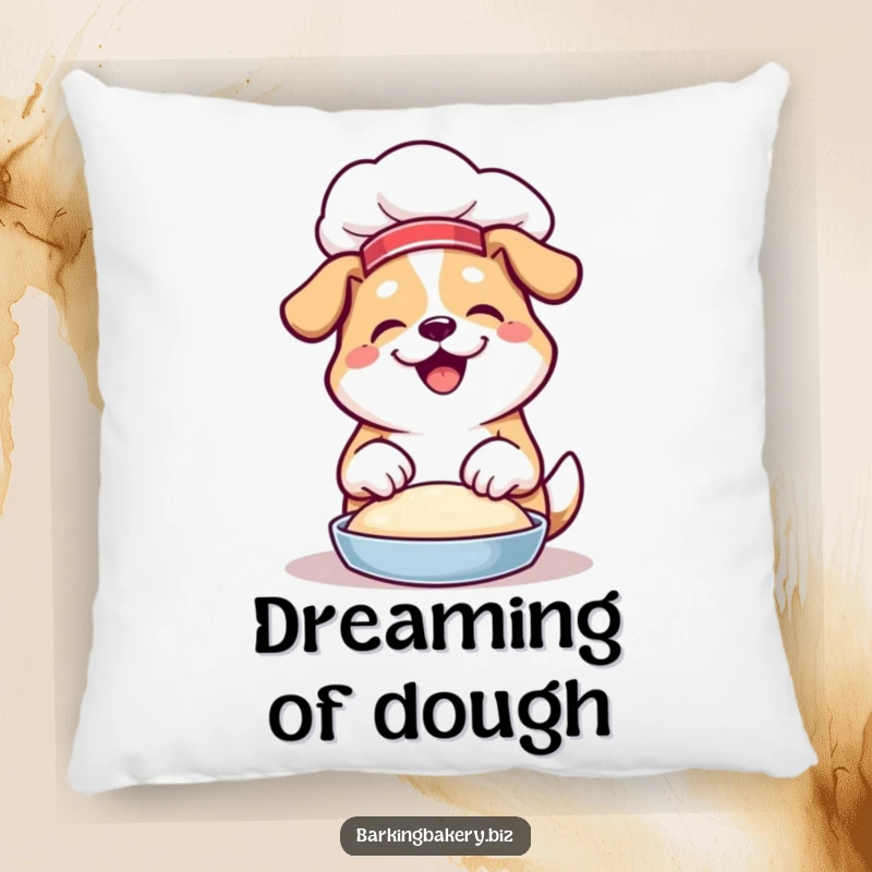 Funny pillow design of a dog in a chef hat, joyfully kneading dough with its paws, a true baker.