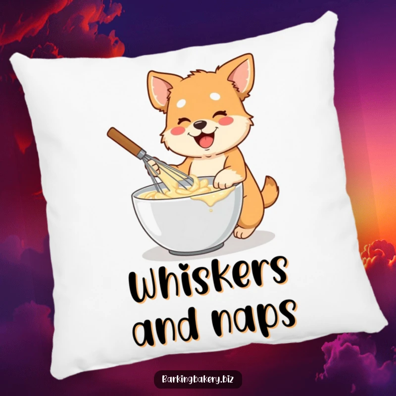 Funny dog pillow showing an energetic dog with a large whisk, mixing batter in a bowl, soft and huggable.