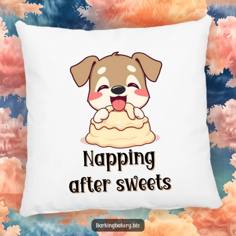 Funny Dog Pillow: A dog happily tasting cake batter with a wagging tail, bringing sweet humor to your home. Gift idea.